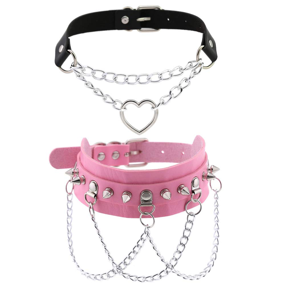 Leather Choker Collar Necklace, Heart Shape Gothic Punk Rock Choker Necklace Collars: Pink Heart Chain