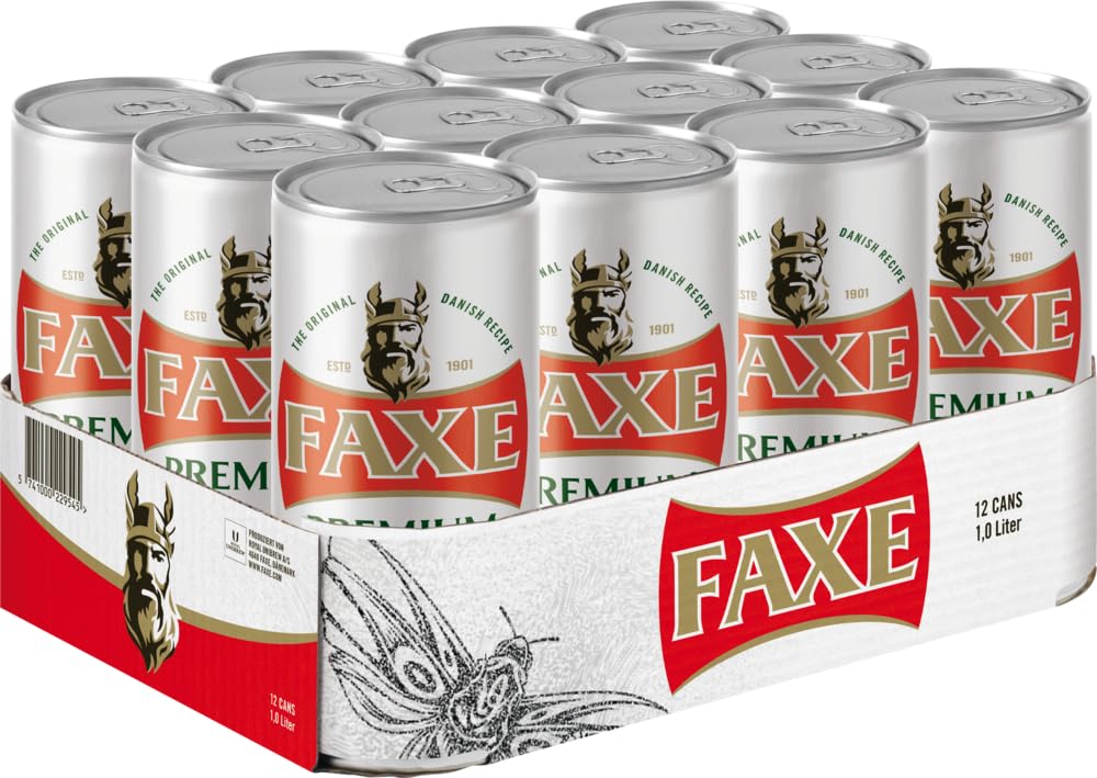 FAXE PREMIUM - 5% Vollmalz Lagerbier (12x1L) - Erfrischendes Lagerbier mit 5% vol. Dänisches Bier mit ausgewogenem Geschmack. Mildes Dosenbier, ideal für Ausflüge, Festivals & gesellige Runden