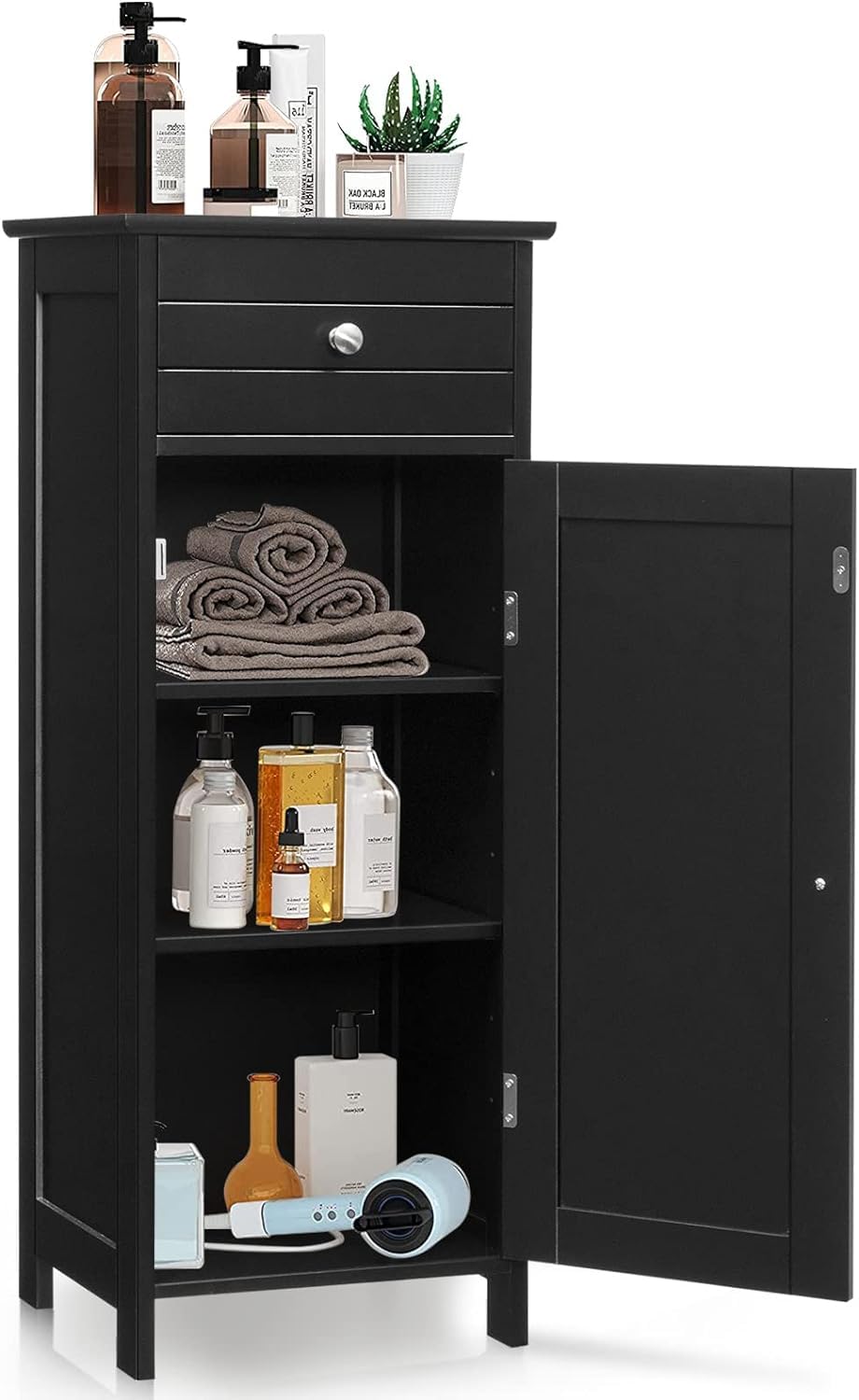 GOFLAME Bathroom Storage Cabinet, Freestanding Wooden Storage Cabinet with Large Drawer, 2 Adjustable Shelves with 7 Positions, Bathroom Floor Cabinet