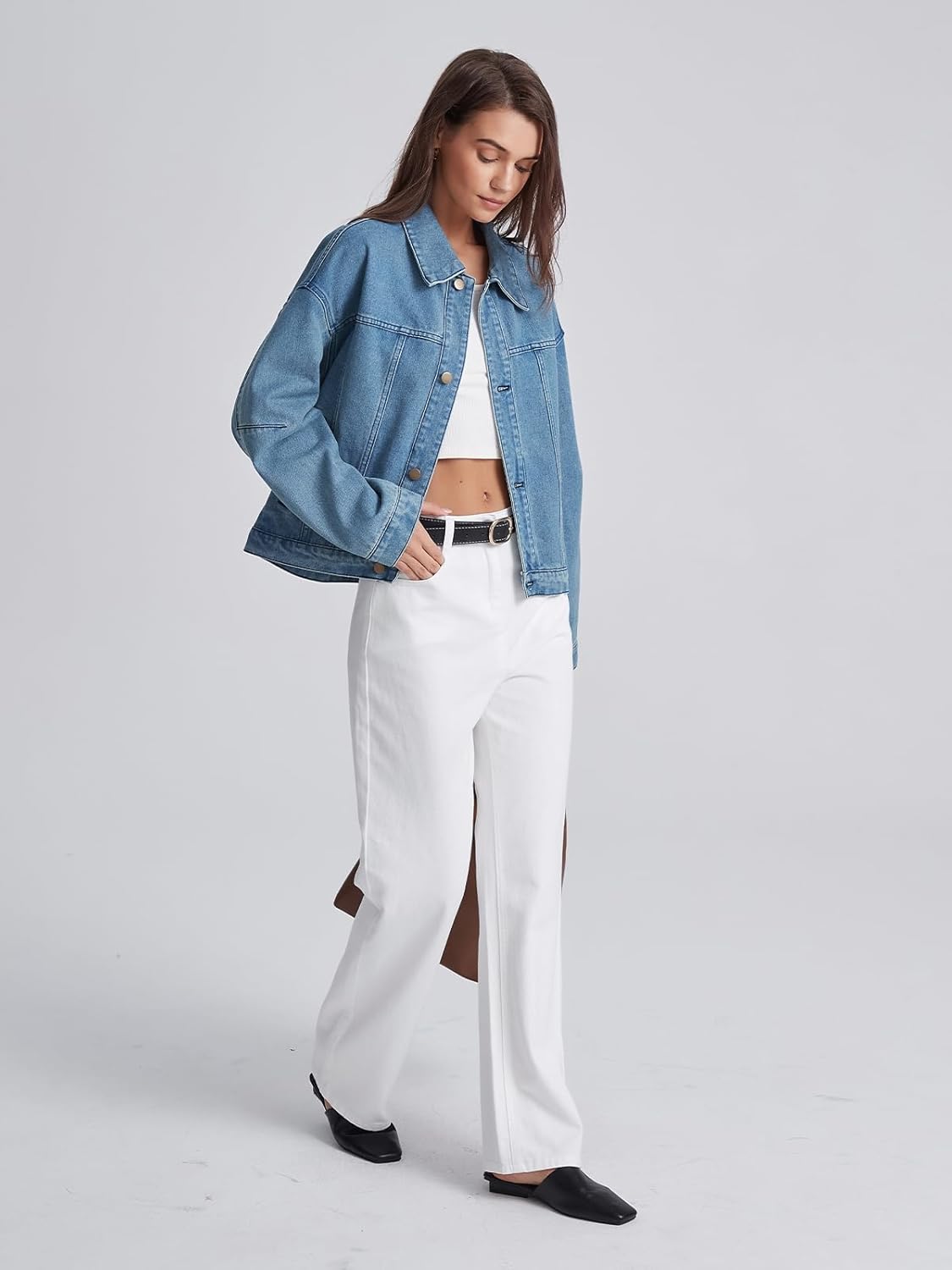 D-Sun Women's Oversized Denim Jacket Casual Cropped Button Down Y2K Jean Jacket with Pockets - Image 3