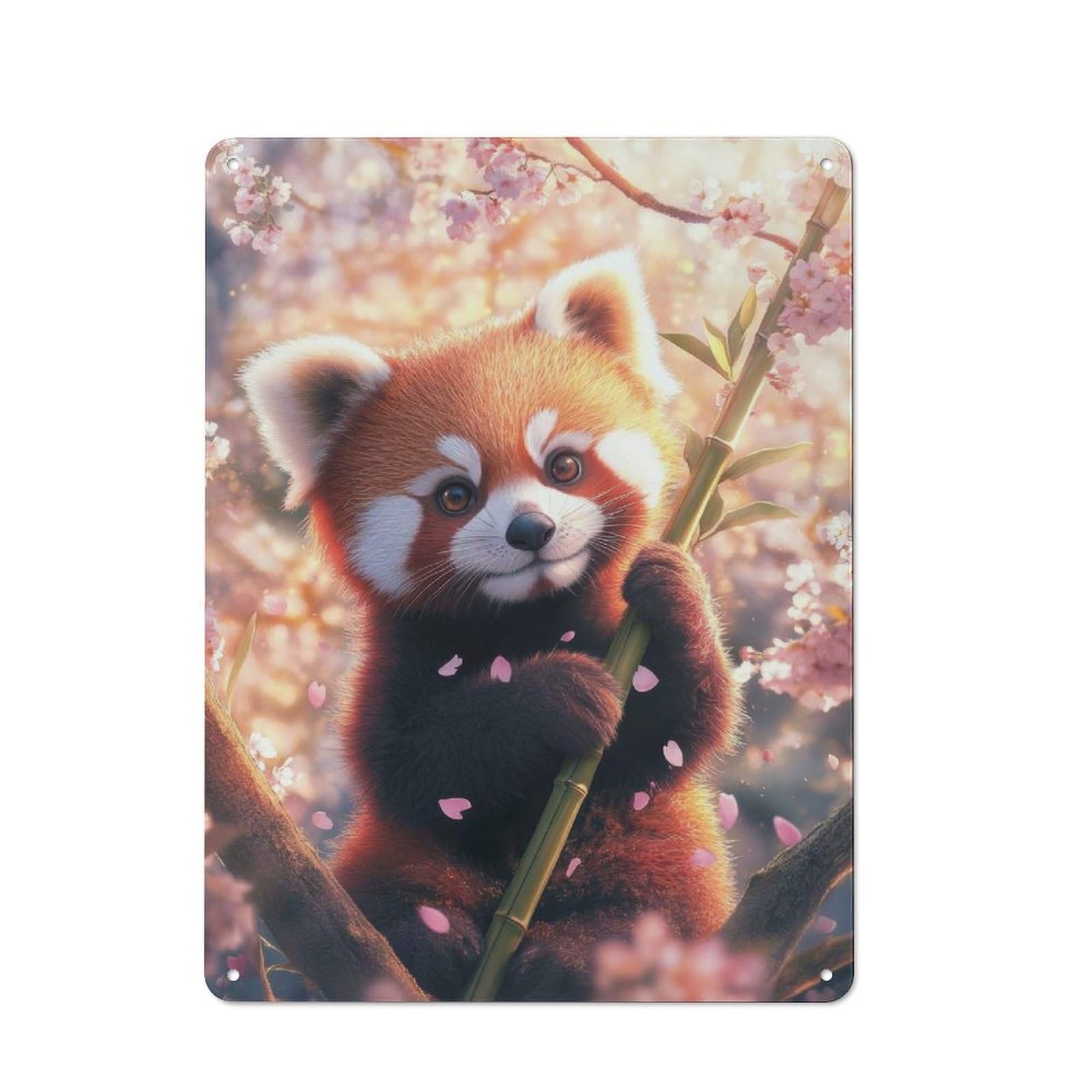 Junmoney Red Panda In Cherry Blossoms Creative Metal Wall Decor 40X30cm, Metal Desk Wall Sign For Hobby Room, Office, Lounge Or Living Room