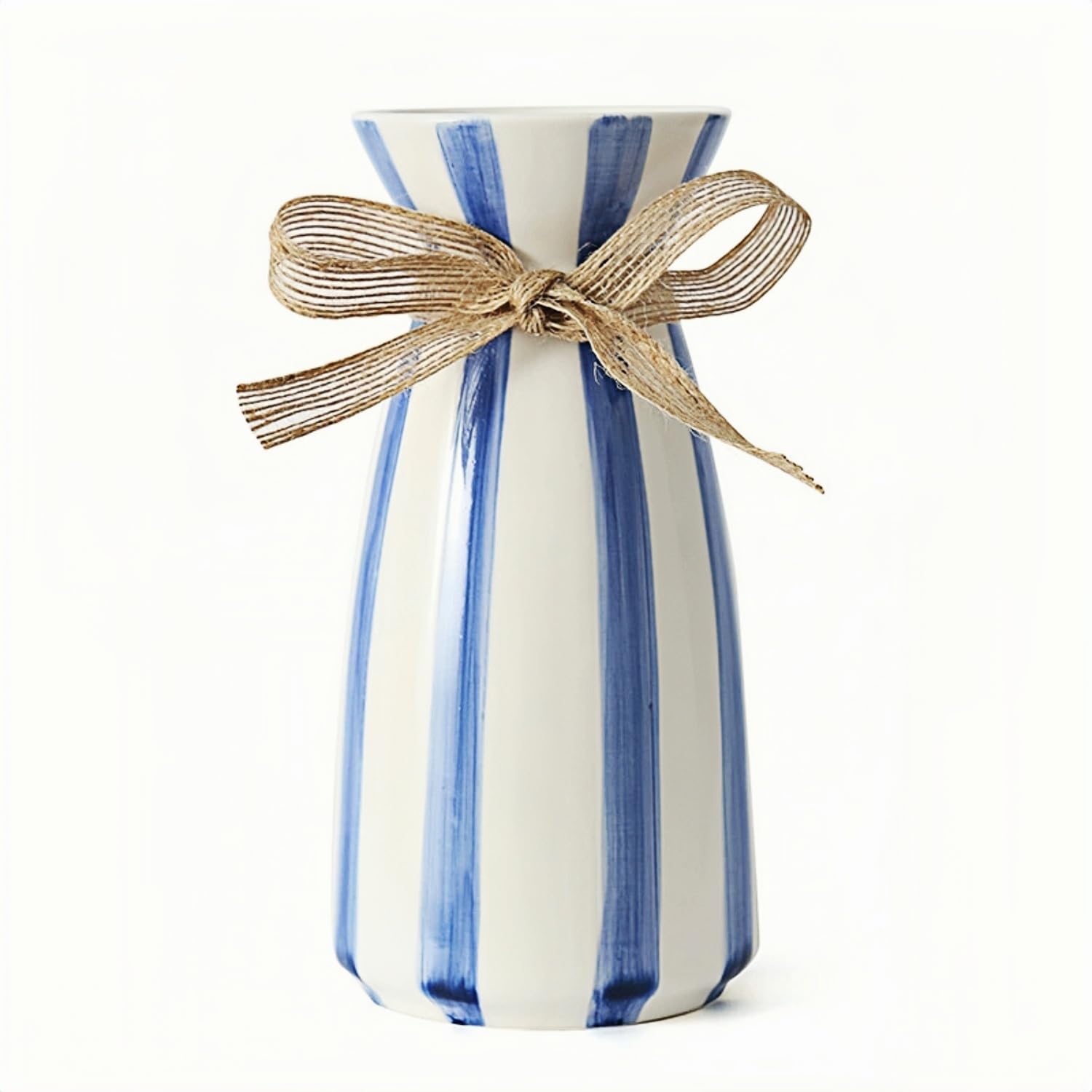 Striped Ceramic Flower Vase Farmhouse Decorative Flower Vase Vertical Stripe Ceramic Vases with Jute Bow for Pampas Grass, Fresh Flowers, Dried Flowers, Blue