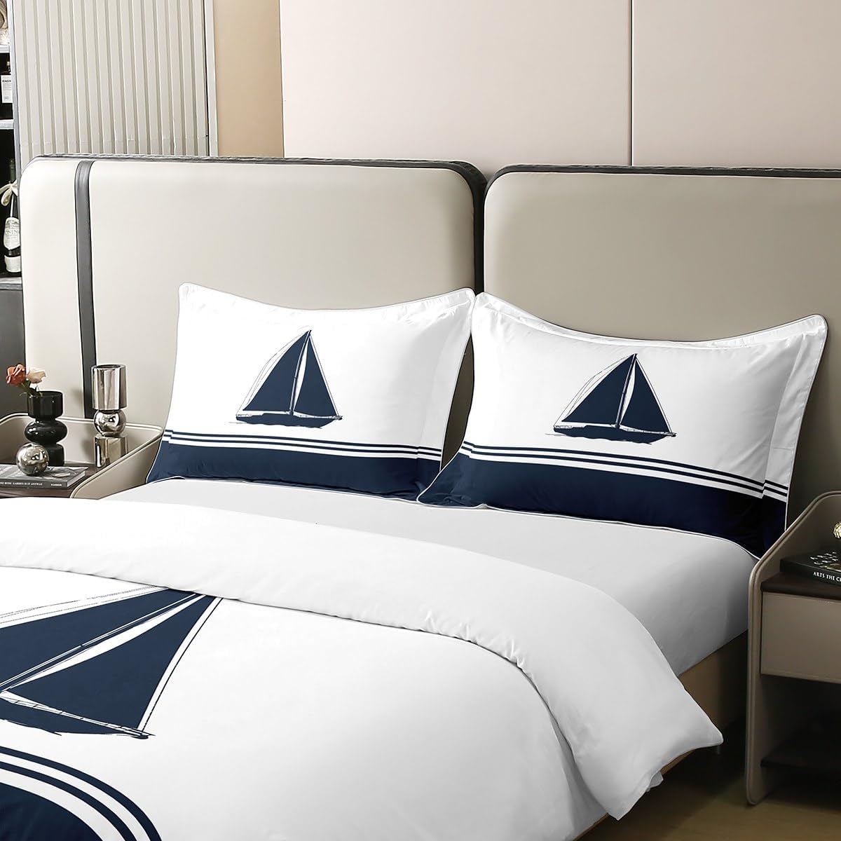 Manfei Sailing Boat 100% Organic Cotton Duvet Cover Set Nautical Navigation Themed Comforter Cover Set (Not Comforter) Navy Blue White Bedding Set Queen Size 3 Pcs