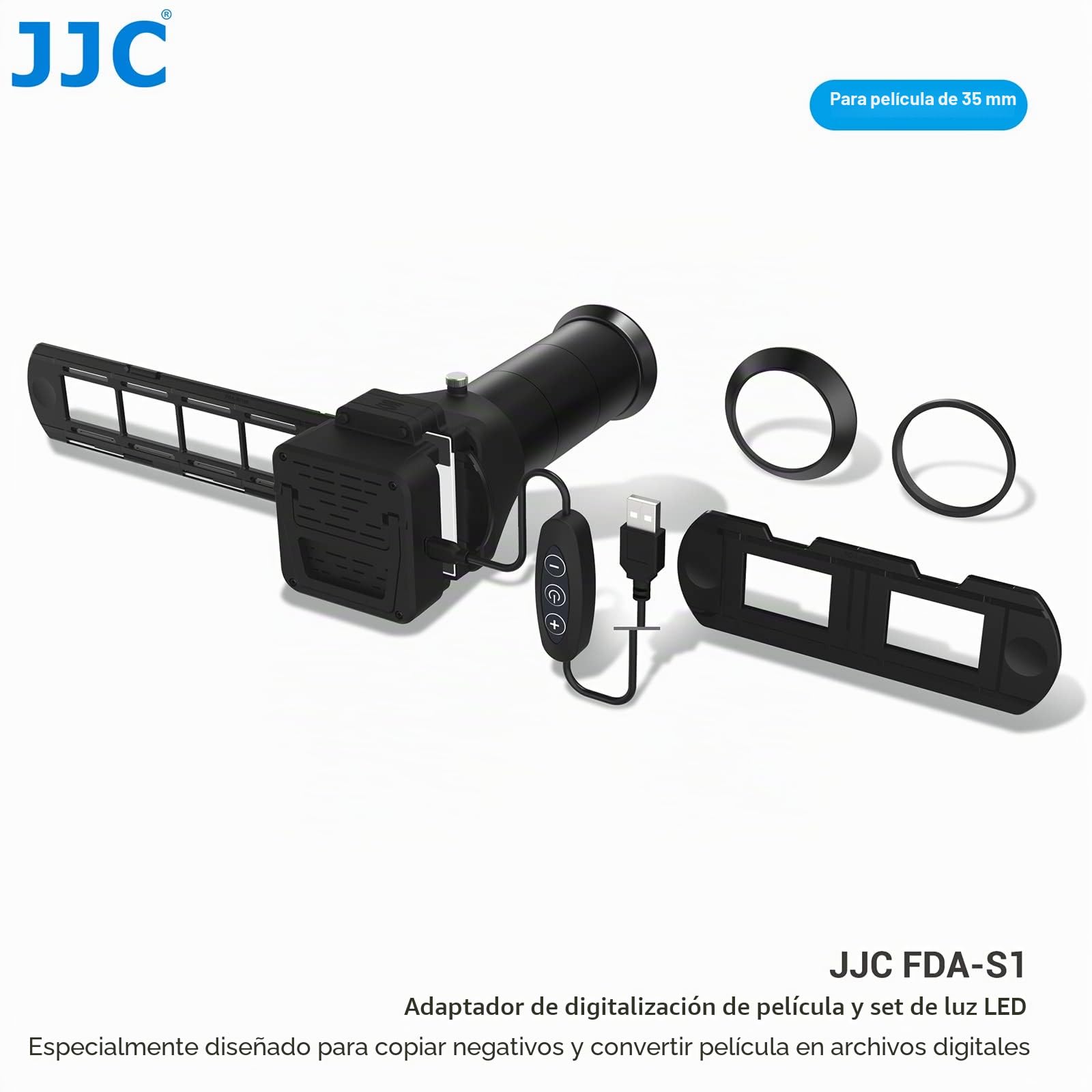 JJC Escáner de Negativos de Película de 35mm, Adaptador de Digitalización de Películas con Juego de Luces LED, Soporte de Diapositivas y Películas para Copia Negativa. Accesorios de Escáner