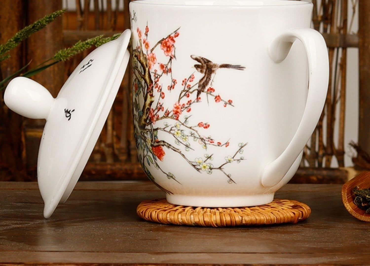 Podróżny kubek do kawy ceramiczny kubek, kwiat i ptak obraz z pokrywką Kubek do kawy, kubek, kubki na gorące kakao, nowość poranny kubek herbata mleko, gorąca czekolada kubki kubek do kawy (kolor: A, rozmiar: 350 ml)