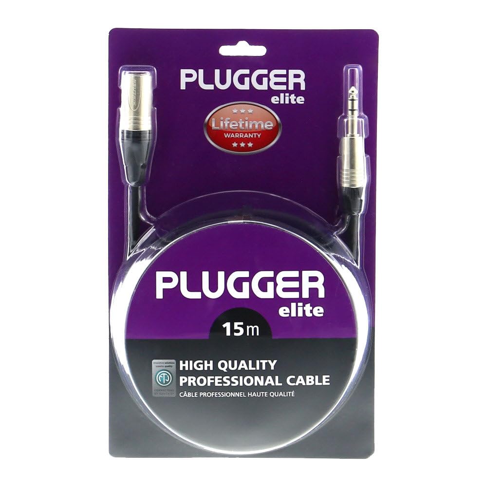 Plugger Elite Câble symétrique XLR mâle/Jack mâle stéréo TRS 6,35mm. Longueur 15m. Connecteurs Neutrik. Ampli, basse, guitare, haut-parleur, appareil DJ, synthé, carte son et autres. Qualité Pro
