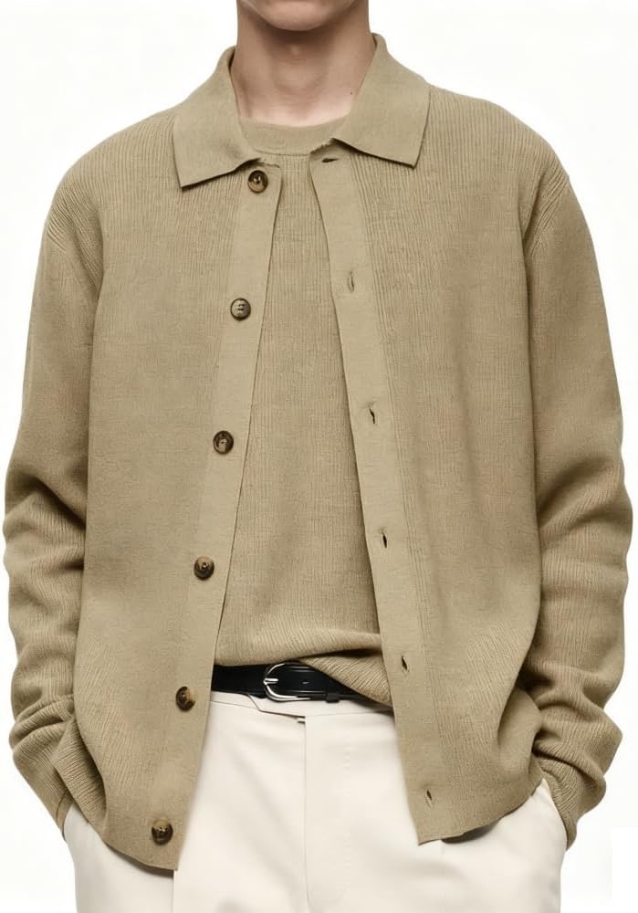 Men's Knit Polo Shirt Long-Sleeve Button-Down Cardigan Sweater Solid-Color Casual Knit Sweater