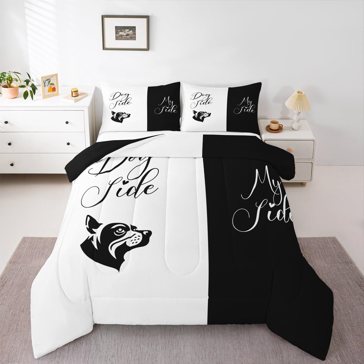 Erosebridal Dog Side My Side Comforter Set Full Size Black White Duvet Sets Microfiber Romantic Love Bedding Set Valentine's Day Wedding Anniversary Quilted Comforter Room Decor with 2 Pillow Cases