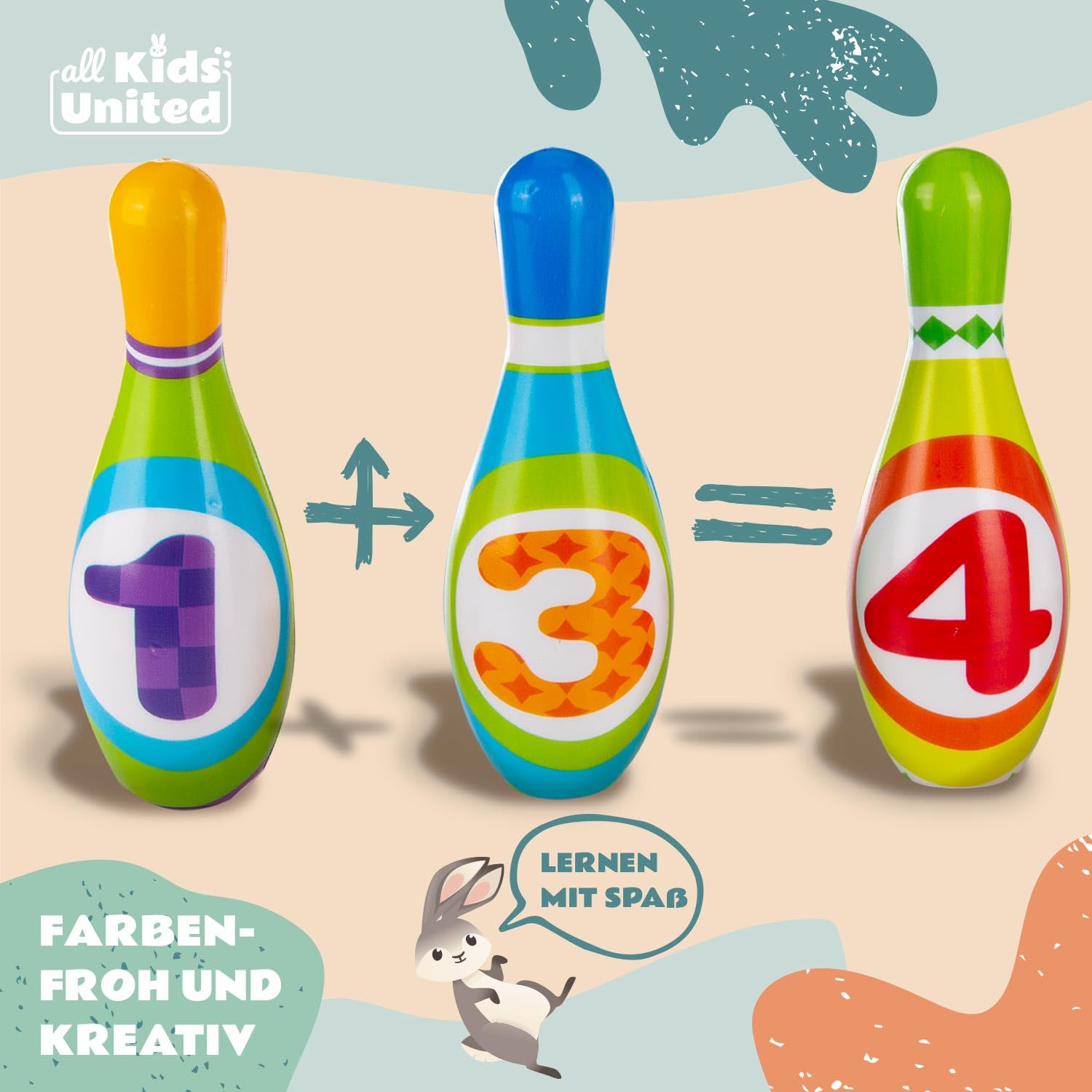 all Kids United® Jeu de quilles pour Enfants Set de Bowling XXL avec quilles Souples en PU et 2 Boules ; Jouet éducatif pour l'intérieur & l'extérieur en Mousse (Set de 10 pièces)