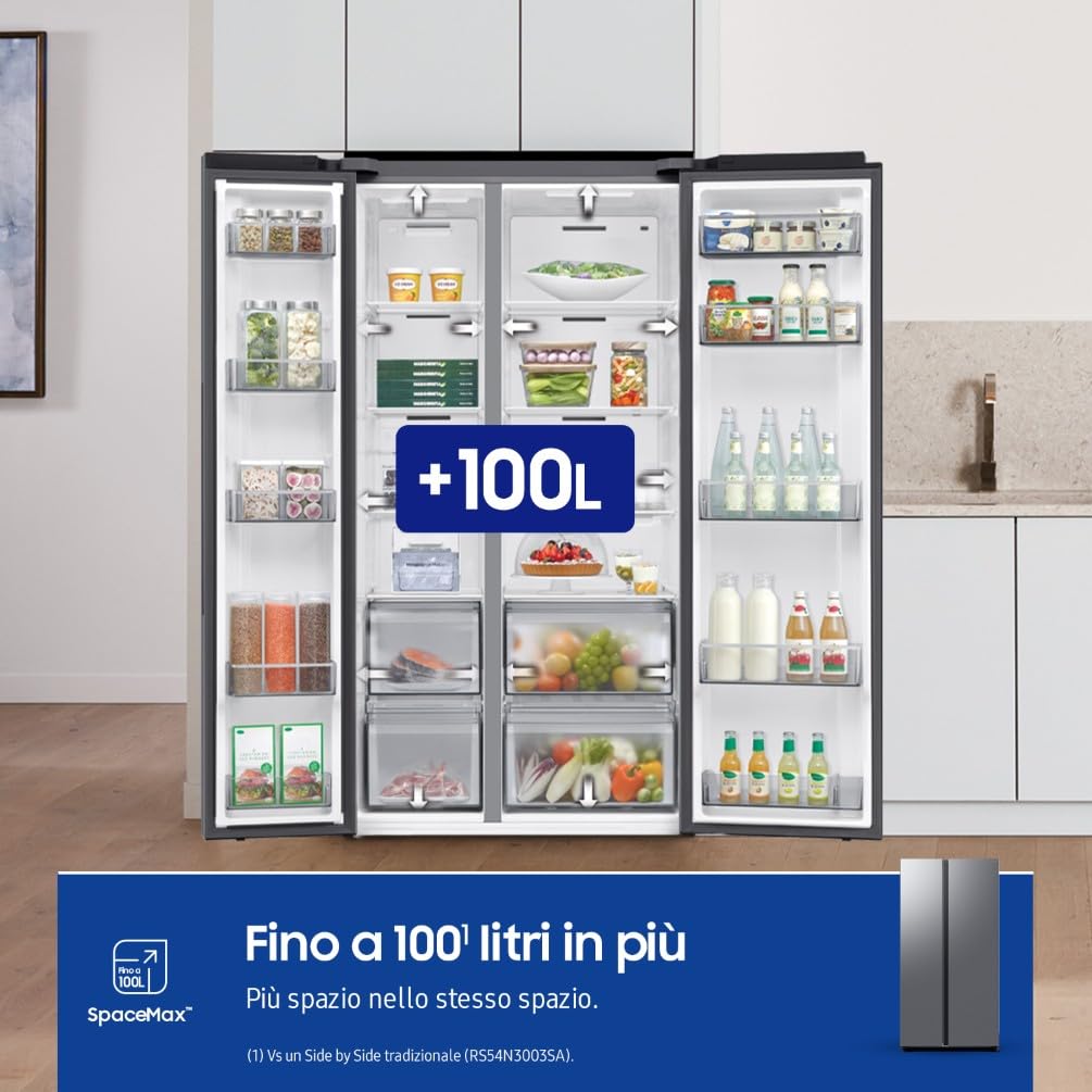 Samsung Frigorifero Side by Side AI RS70F65QET/EF, All-Around Cooling, Wifi con AI Energy Mode, Total No Frost, SpaceMax, 655 L, LxAxP: 91,2 x 178,4 x 72,6 cm, Metal Inox