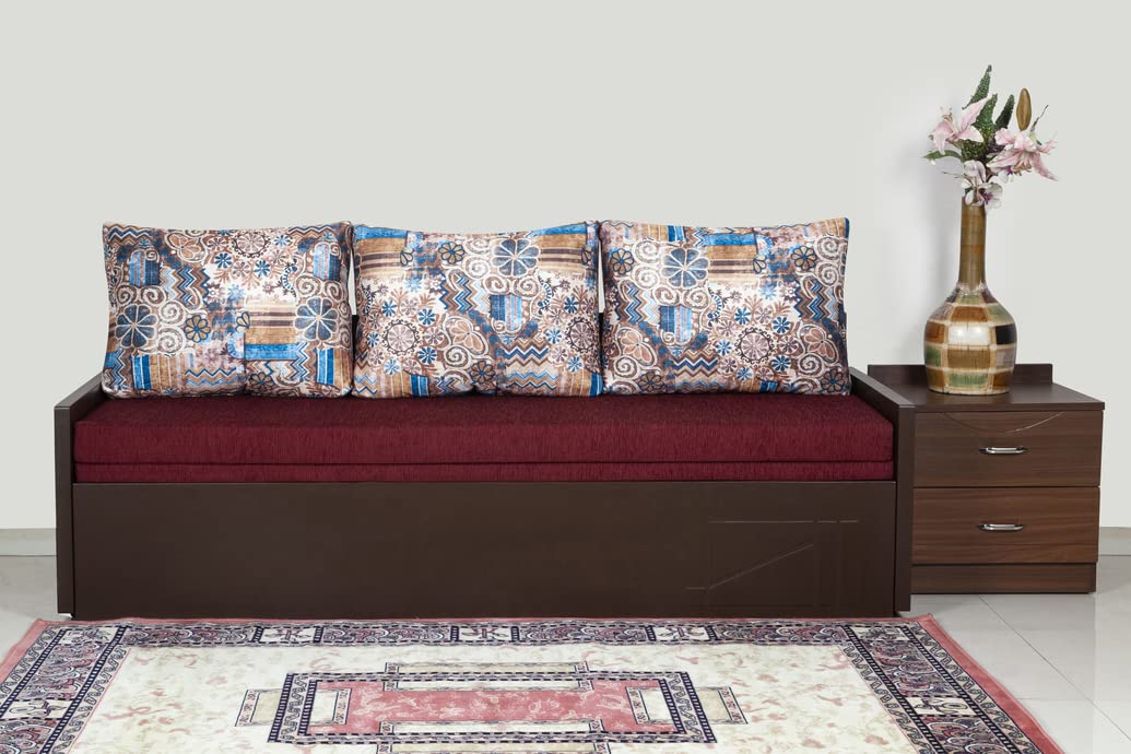 OFF THE SHELF Solid Teak Wood 3 Seater Sofa Cums Bed for Bedroom, Living Room with Storage Soft Cushion Natural Finishing Dark Brown (75x28x25)