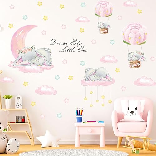Calcomanías de pared de elefante de bebé de ensueño, decoración de pared para dormitorio de niños y niñas