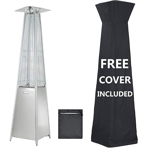 48,000 BTU Pyramid Patio Heater, Propane Heater Standing with Wheels and Cover, Quartz Glass Tube Tower Windproof, Large, Adjustable Thermostat, Suitable for Garden Wedding, Party (Pyramid Patio Heater)