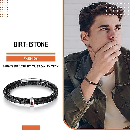 Miniatura 2 de Kaululu - Pulsera de cuero personalizada para hombre con 12345678 piedras de nacimiento, cuentas de acero inoxidable grabadas con nombres