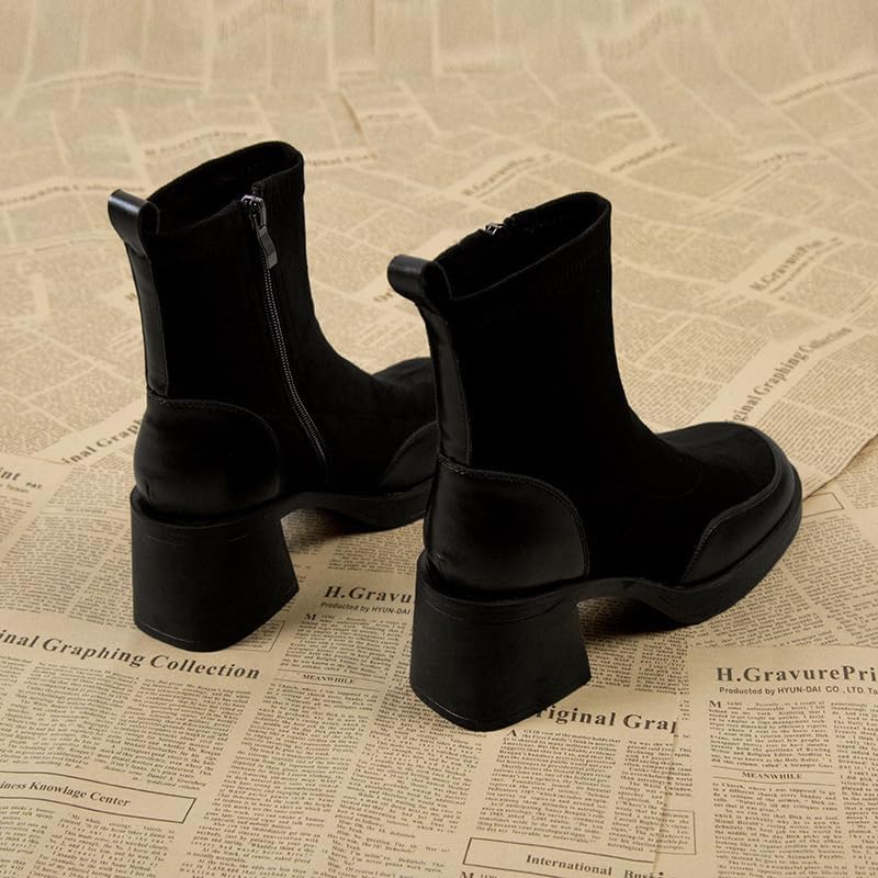 Women's Platform Ankle Boots Chunky High Heel Square Toe Stretch Short Combat Boots Booties for Women - Image 5