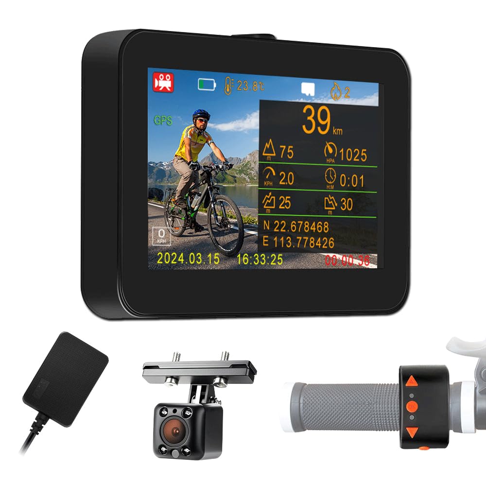 Telecamera posteriore per bicicletta VSYSTO, display HD impermeabile da 4,3 pollici con GPS, controller cablato, visione notturna a infrarossi, display di temperatura e calorie