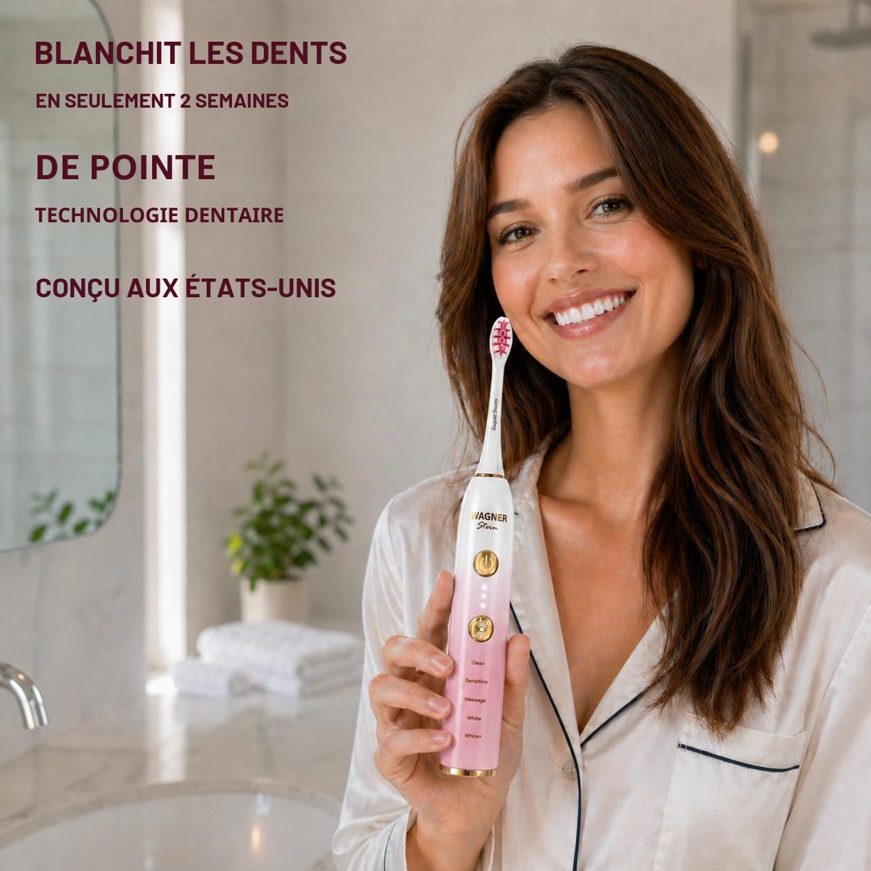 Wagner Stern WHITEN+ – Brosse à dents électrique avec capteur de pression, 5 modes, 3 intensités, 8 têtes souples, moteur puissant, étui de voyage luxe inclus (Pivoine)