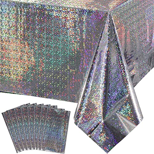 Image of FunnyPars 8 Pack Iridescent Plastic Tablecloths Shiny Disposable Laser Rectangle Table Covers Holographic Foil Tablecloth Iridescent Party Decoration