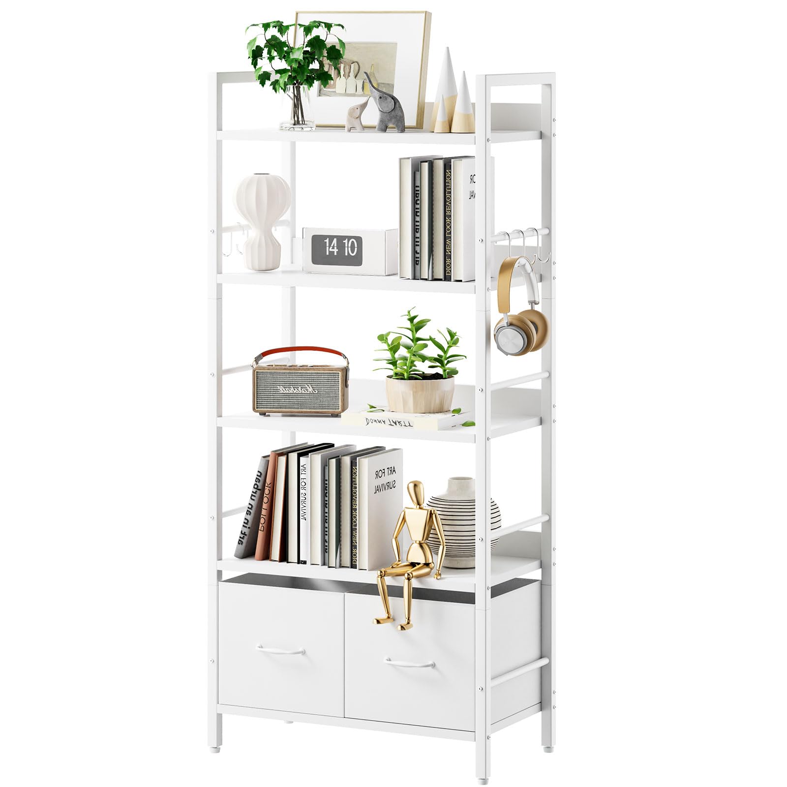 Aibiju Shelf Bookcase, 5 Tier Bookshelves With 2 Fabric Cloth Drawers, Free Standing Storage Shelving Unit for Bedroom, Living Room and Office, Bookshelf White YD-BC002W