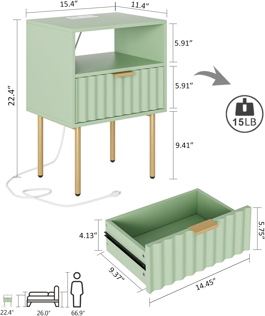 Masupu Nightstand with Charging Station,Mid-Century Modern Bedside Table with Storage Drawer and Open Wood Shelf,Small Gold Frame Side Table for Bedroom,Living Room (Green Fluted)