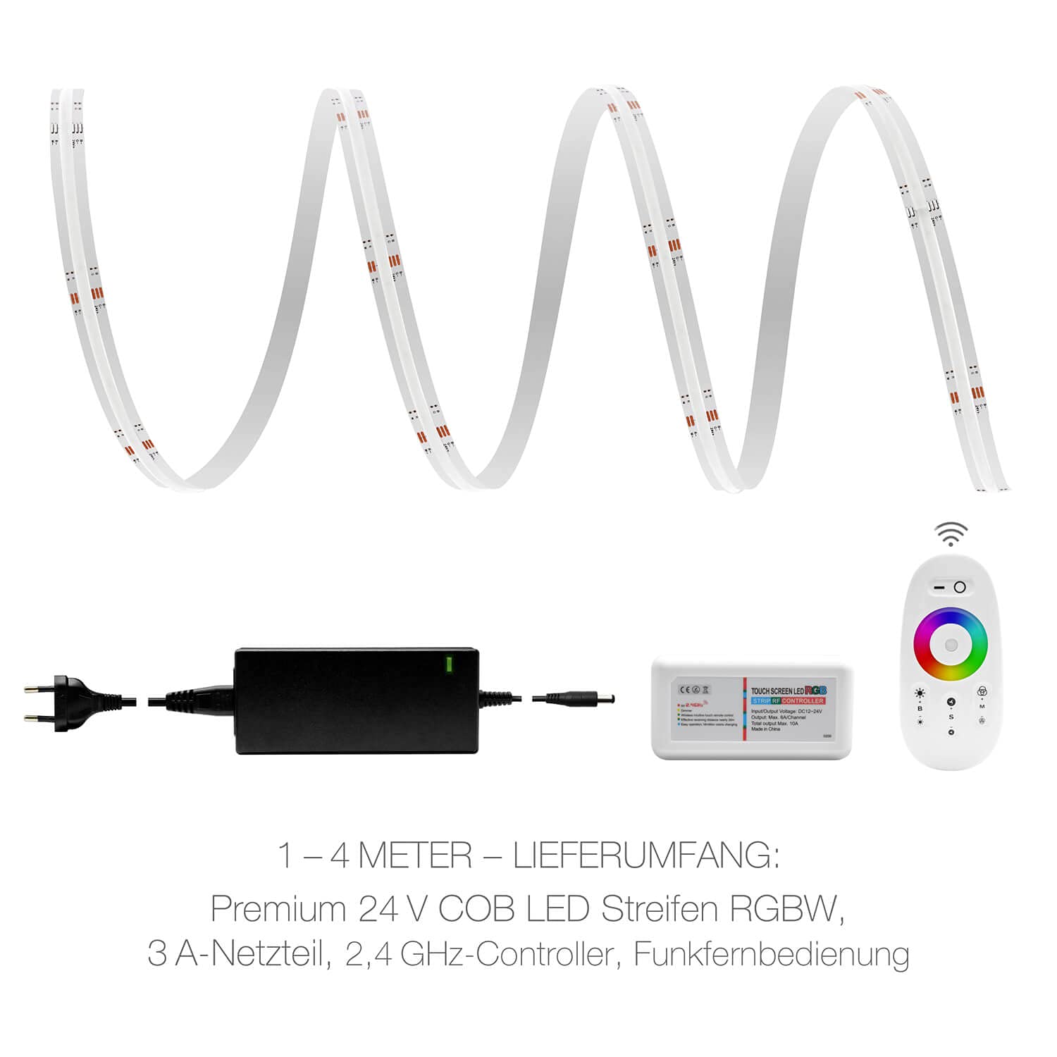 LED Universum Juego de tiras LED COB RGB-W con mando a distancia blanco, controlador y fuente de alimentación, filamento premium, 24 V, IP20 RGB-WW, multicolor (7 metros)