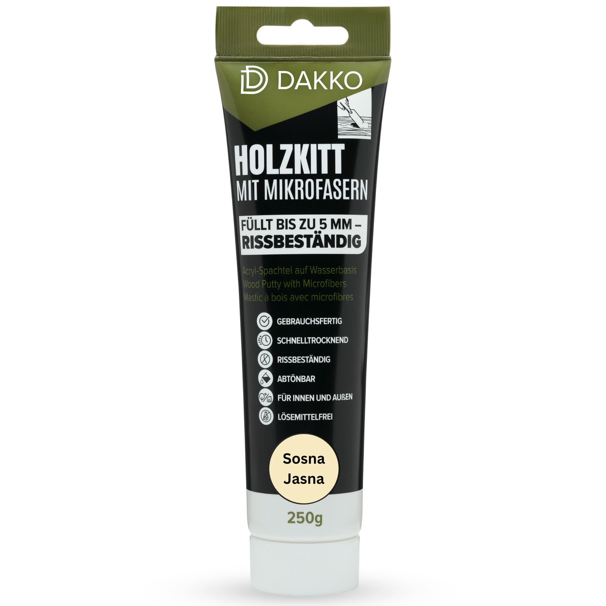 DAKKO Szpachlówka do drewna, 250 g Jasna Sosna - masa szpachlowa do drewna z mikrowłóknem bambusowym, do naprawy mebli, drzwi i pęknięć, do środka i na zewnątrz, szybkoschnący, odporny na pękanie