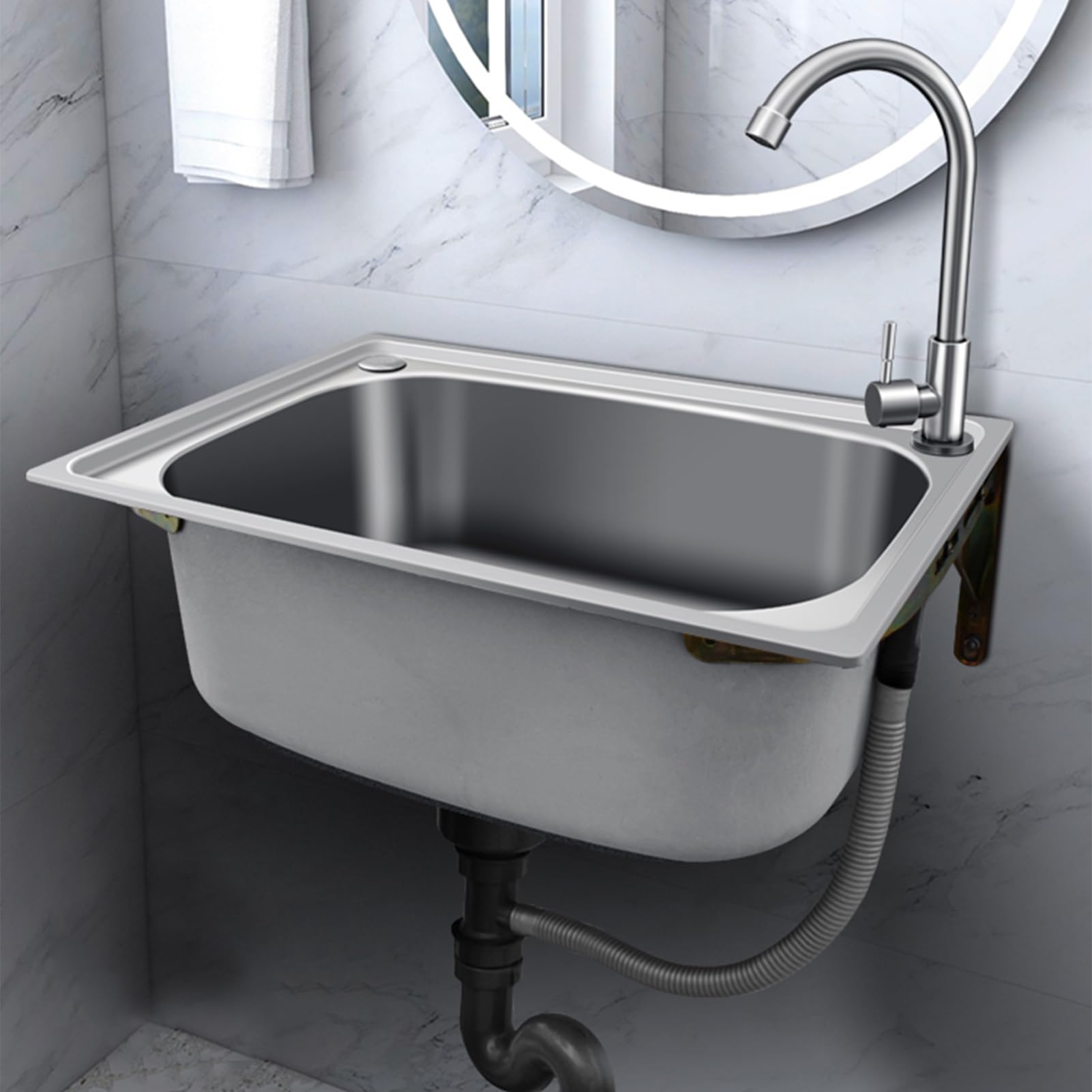 WDSOPK Wall-Mounted Single Bowl Sink Commercial Kitchen Sink Hand Wash Station with Water Tap Utility Stainless Steel Sink for Indoor Laundry Garage Restaurant (50x40cm)