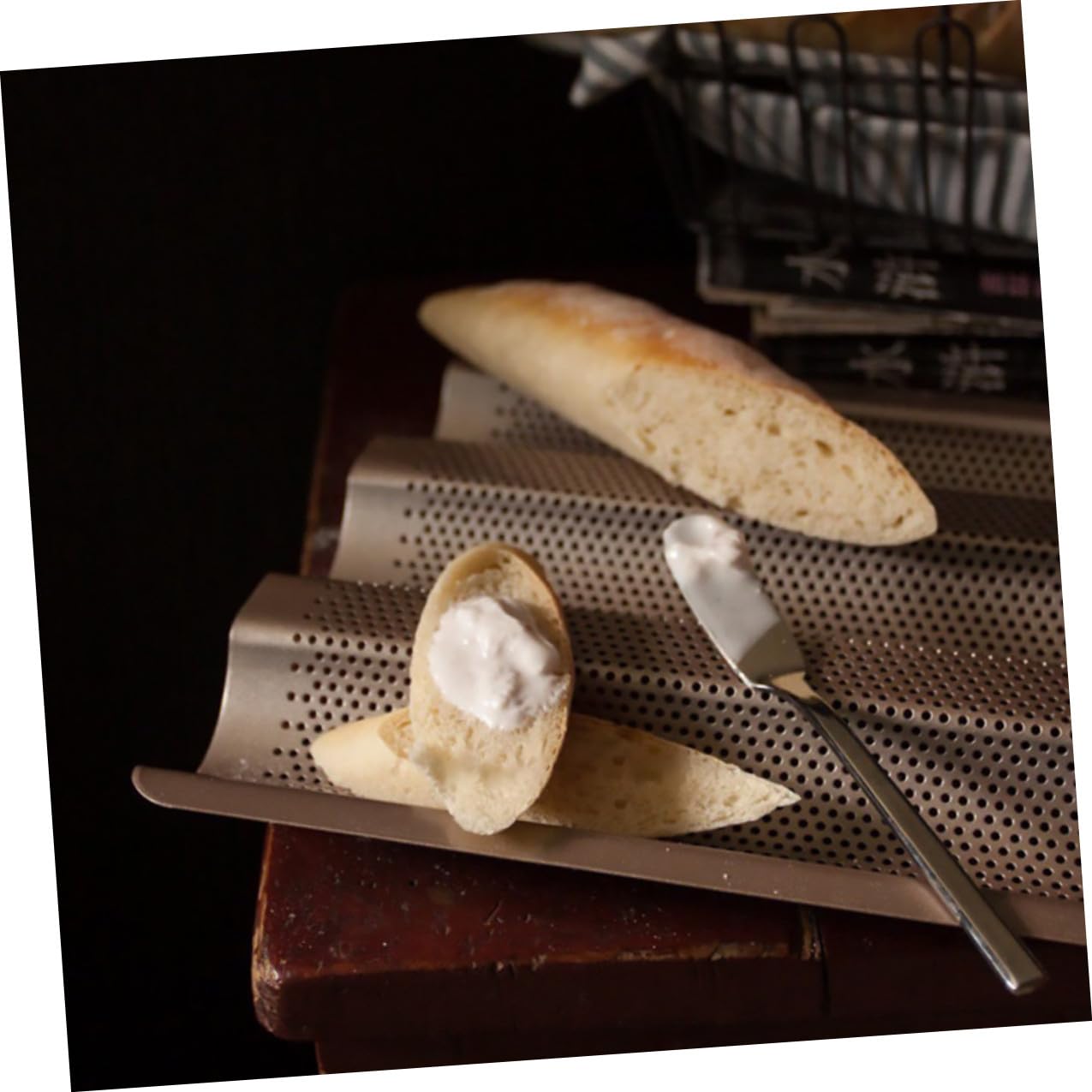 Baluue 2 pièces Moule à Baguette Français Acier Doré Compartiments Perforés Antiadhésif Conduction Rapide pour Cuisson Uniforme Lot