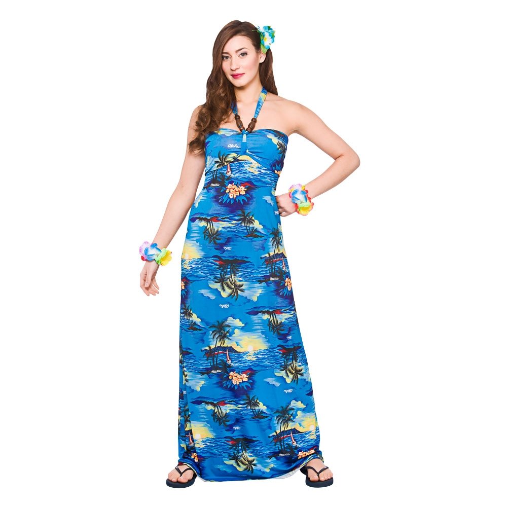 Wicked Costumesadult Hawaiian Maxi Dress Blue Palm X Large