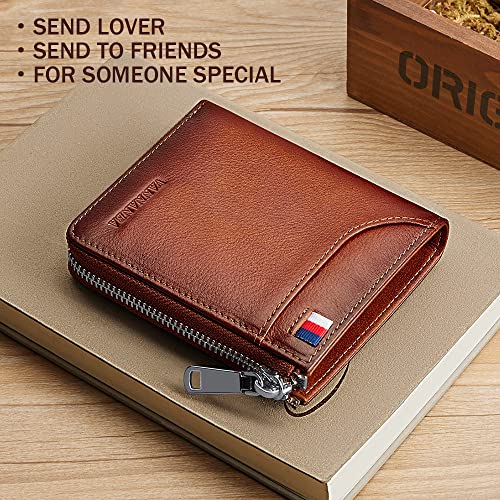 VANNANBA Mens Genuine Leather Zipper Wallet RFID Blocking Bifold Zip Around Wallets Multi Credit Card Holder with Coin Pocket & Bill Compartment(Brown)3