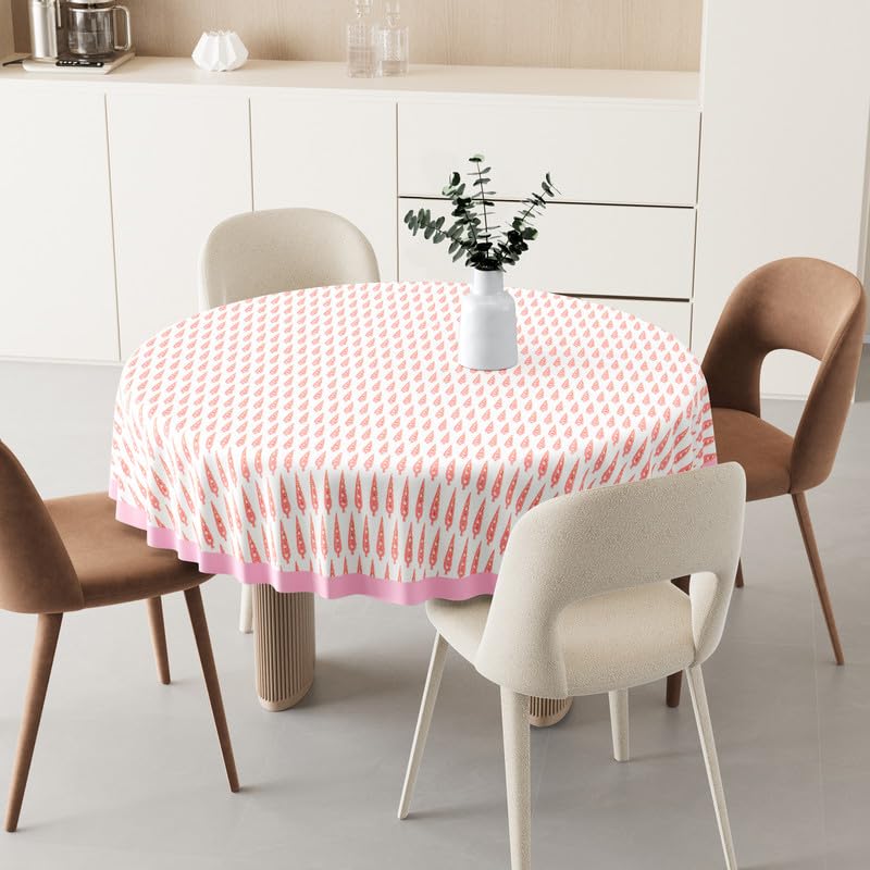 Texstylers 100% Cotton 4 Seater Dining Table 56 Inch Diameter Pink Booti Print Round Table Cloth-image-4