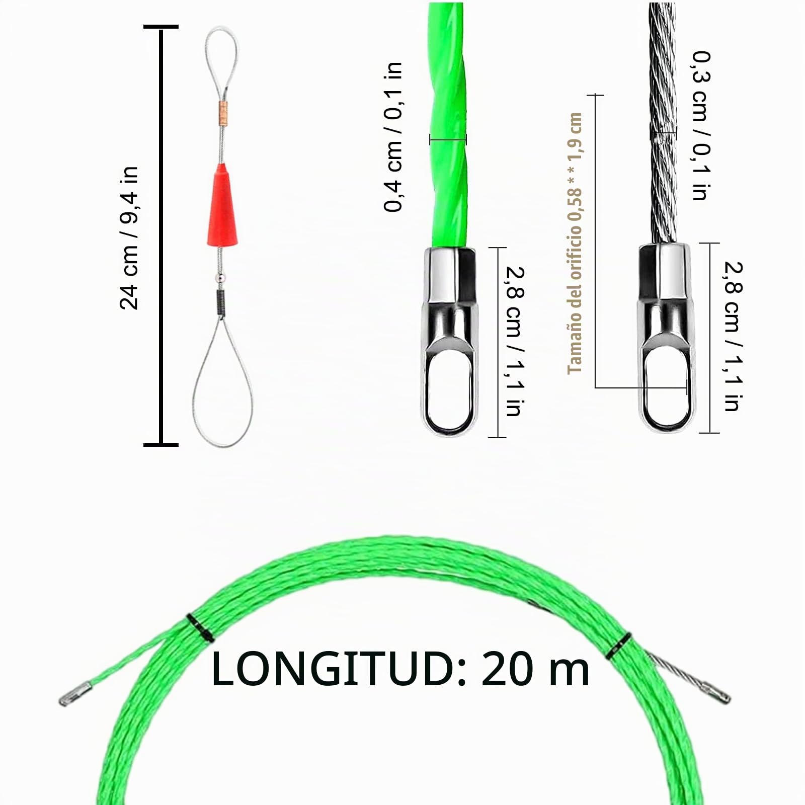 20 m Guia Pasacables, φ 4 mm Enhebrador de Alambre Electrico,con 2 muelles guía, para Tubería Conducto de Cable Pared, Obras de Telecomunicaciones
