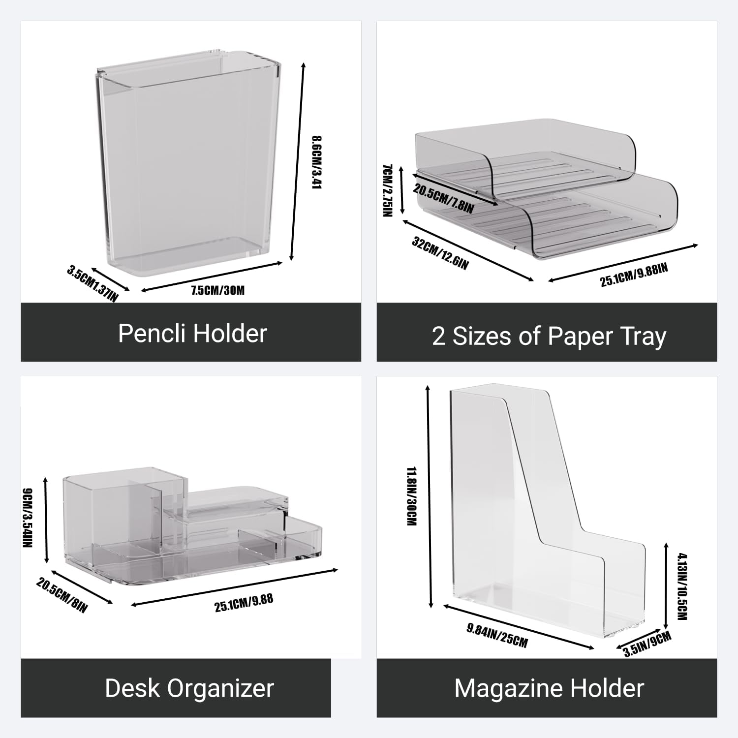Clear Desk Organizer Set – 6-Piece Desktop Organizer with File Tray, Small Tray, Desk Organizer, Pencil Holder & 2 Magazine Holders – Plastic Office Supply Organizer for Home, School & Office