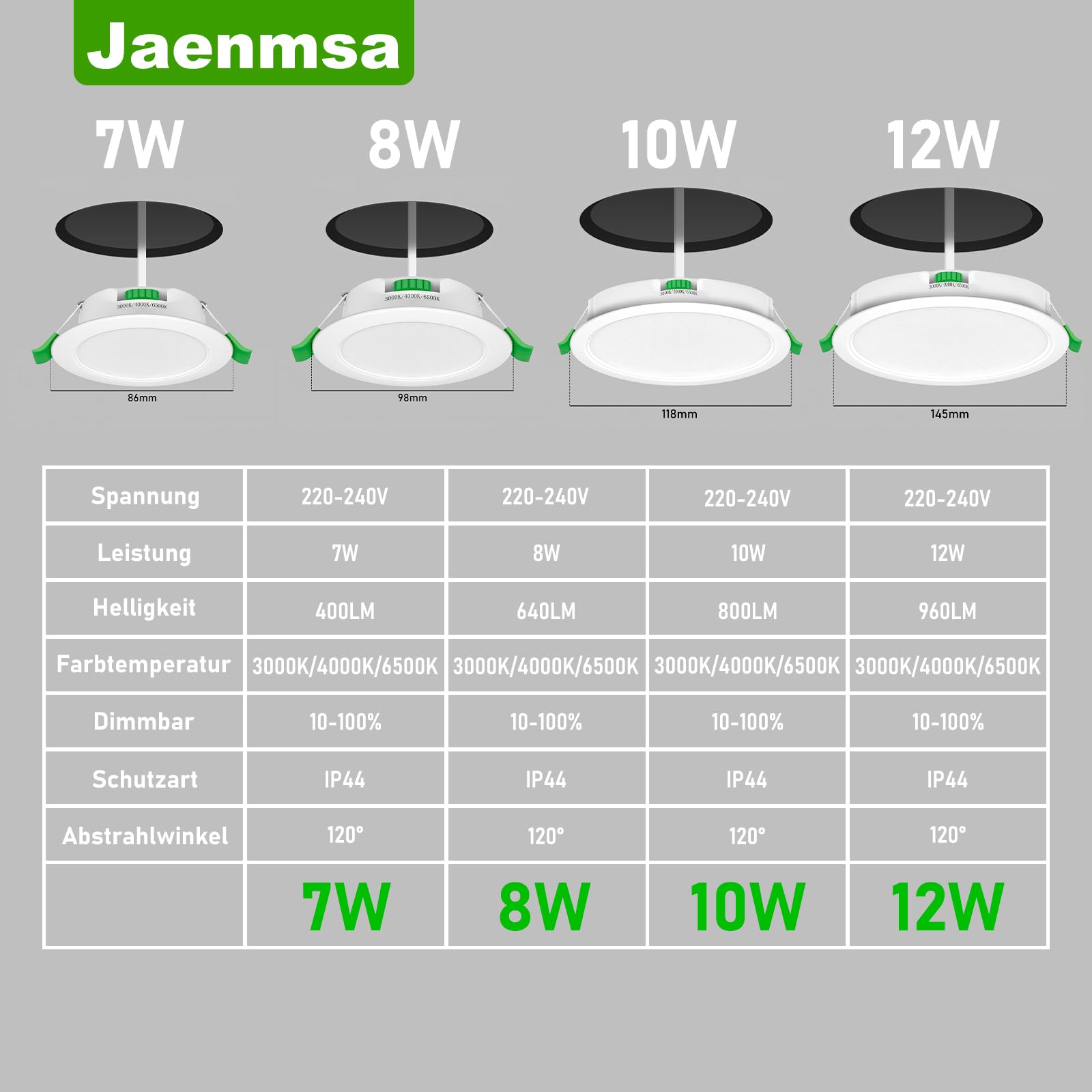 LED Spots 230V, 12er Set Einbaustrahler LED, 12W 125-135mm EinbauØ, IP44, Dimmbar, Led Deckenspots Flach Warmweiß 3000K Neutralweiß 4000K Kaltweiß 6500K für Badezimmer, Küche, Wohnzimmer