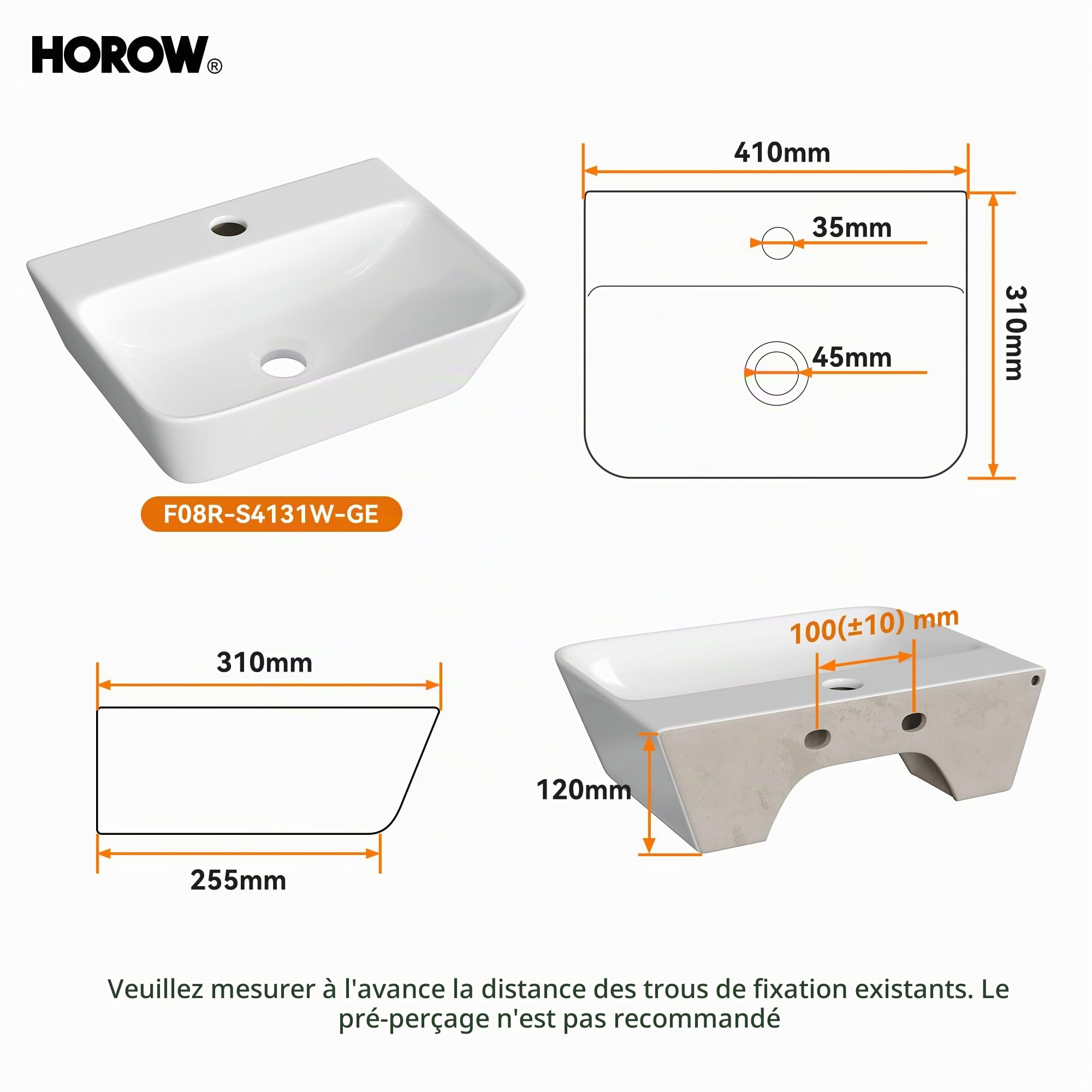 HOROW Lavabo de salle de bain carré 40 cm, moderne, blanc, sans trop-plein, avec trou pour robinet, petit lavabo suspendu, WC, pour invités