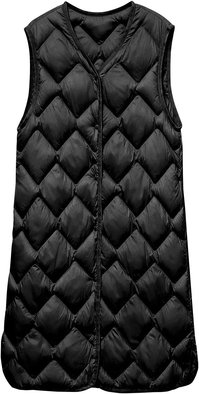 Mzkdieey Women Long Puffer Vest Lightweight Winter Coat Sleeveless Warm Outwear Button Collarless Puffer Jacket Padded Gilet