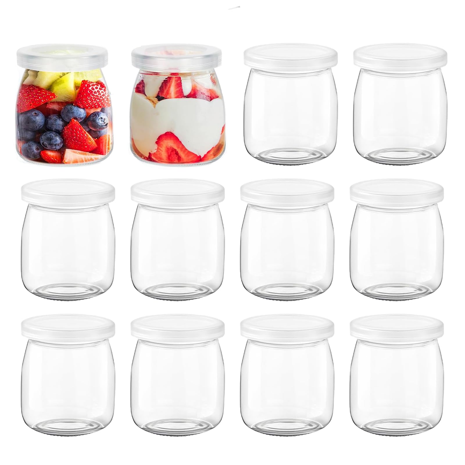Tarros de Yogur, 12 Piezas Vasos de Yogur con Tapa, 200 ml Tarros de Postre Transparentes, Pequeños Tarro de Mermelada, Tarro de Cristal pare Yogures, Postres y Natillas, para Miel, Jaleas