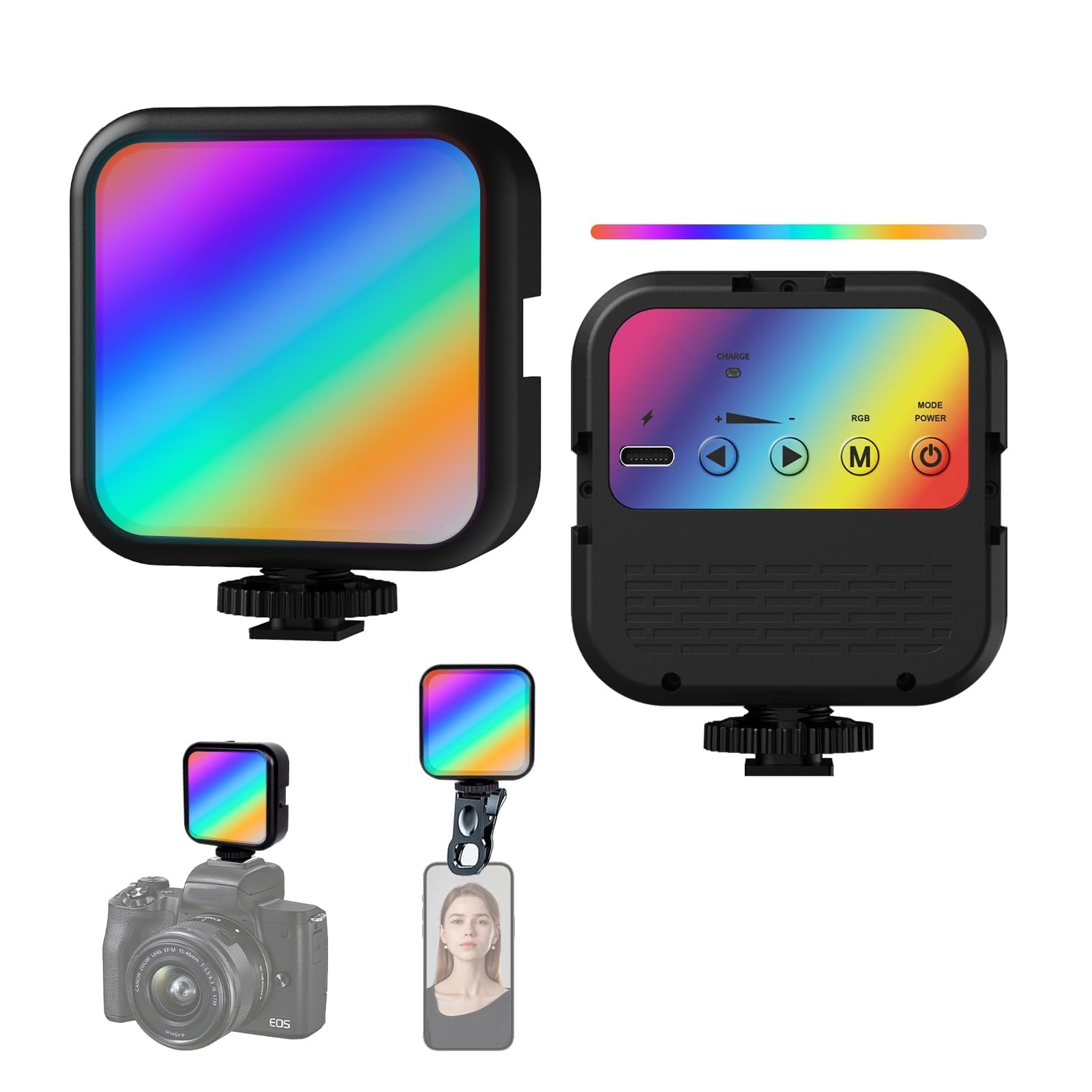 Luce Video RGB Ricaricabile 4 Cold Shoe, CRI 90+ 20 Modalità Scena 3000K-7000K 1800mAh, Led Fotografica Dimmerabile per Registrazione, Streaming Live e Microfilm