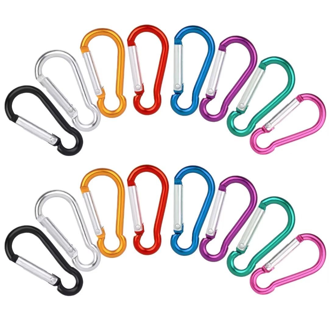 VFANDV 16Pcs Petit Mousqueton 8 Couleurs, en Aluminium, Léger Et Résistant Porte Clef pour Randonnées Camping Pêche Voyages (3,5 x 40 mm)