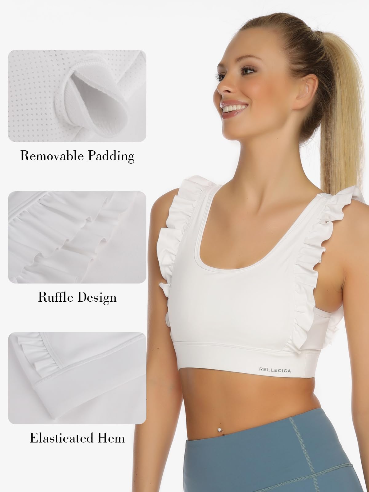 RELLECIGA Increspature Scoop scollatura Reggiseno sportivo Fitness Supporto allenamento Reggiseno Yoga Reggiseno Top, bianco, M