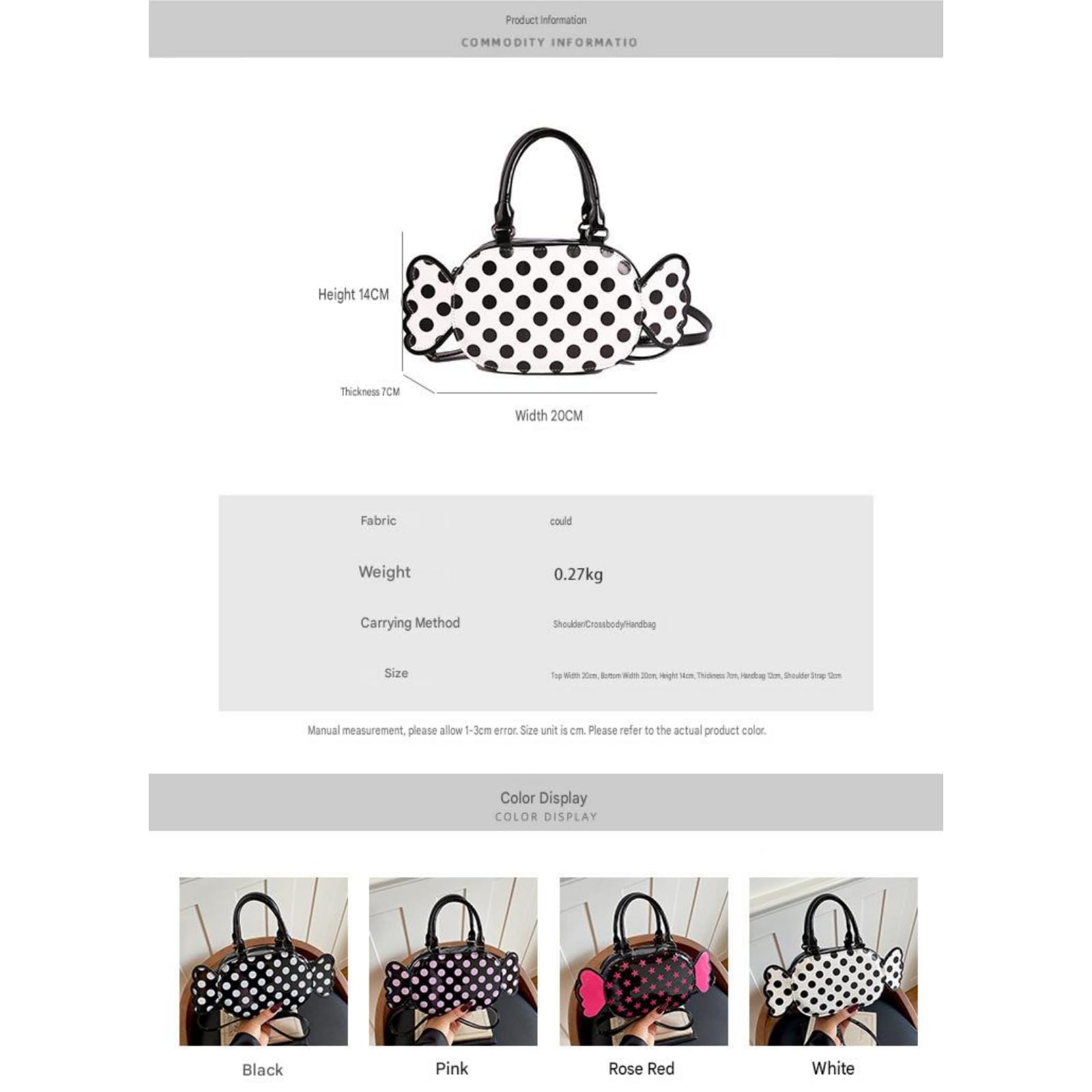 Borsa Elegante A Tracolla da Donna Pois Mano E di Grande capacità-Bianco
