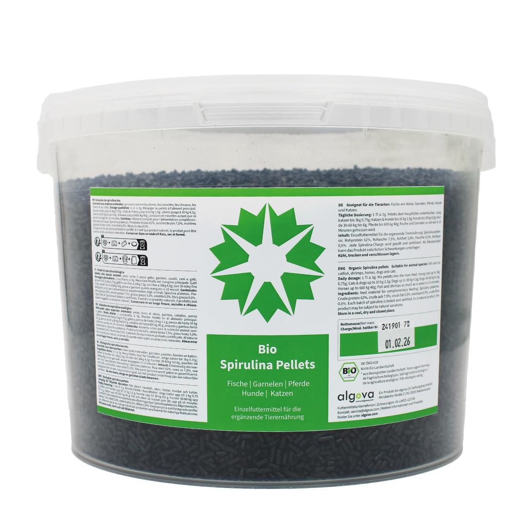 Pellets de espirulina orgánica natural para peces ornamentales, agua de mar y agua dulce, camarones, bagres, koi, caballos, perros, gatos, alto contenido de carotenoides, vitaminas y minerales