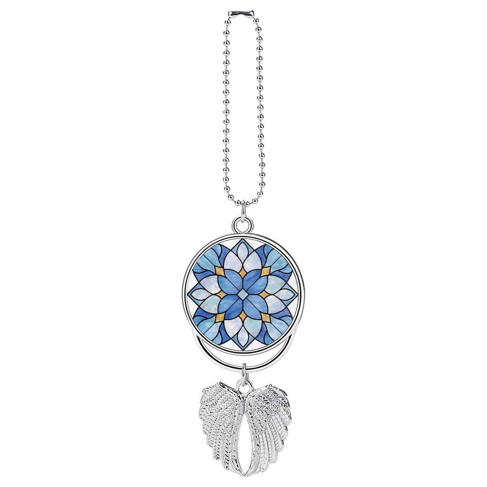 Blue Flower Transparent Stained Glass Car Hanging Pendant Car Interior Decoration Rearview Mirror Charms Ornaments