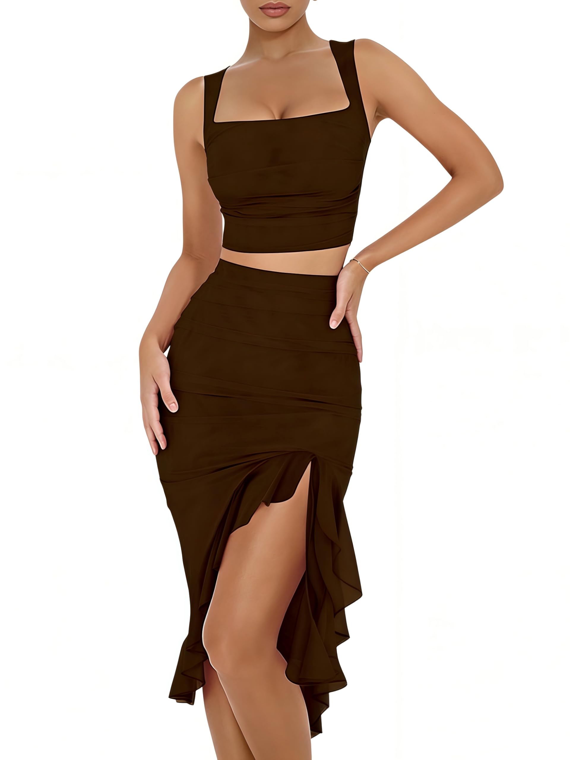 Women's Two Piece Skirt Set, Square Neck Crop Top & Slit Midi Skirt