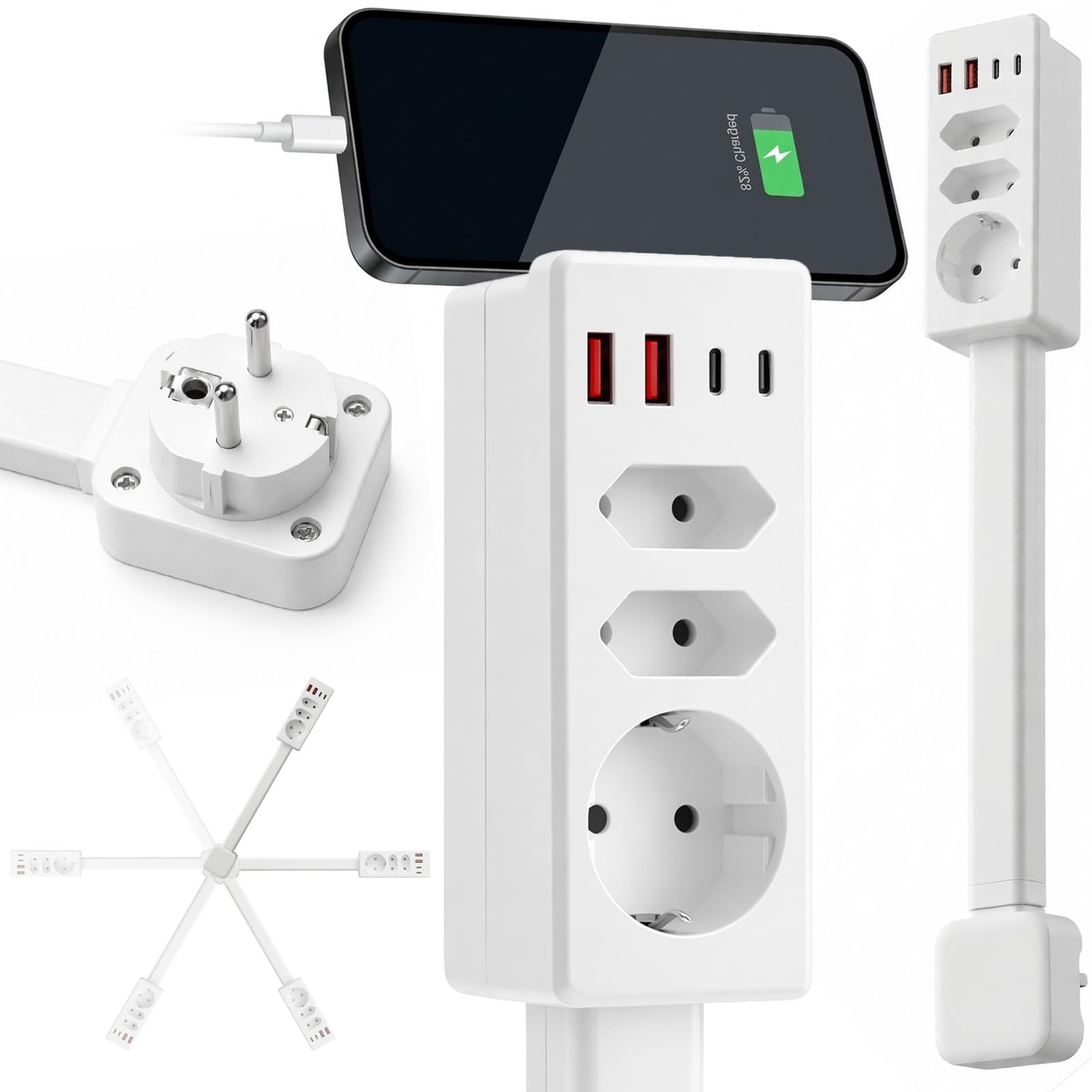 Przedłużacz do gniazdka elektrycznego z wysuwanym drążkiem przedłużającym (44-67 cm), rozszerzalne przedłużenie, obracane o 360°, 3 gniazda, 2 porty USB-A i 2 gniazda USB-C