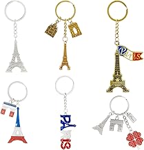 Juvale Paris Monuments Keyring, 6 Key Rings Souvenir of France, Eiffel Tower, French Flag, Arc de Triomphe, Multicolored, 8,9 - 12,7 cm