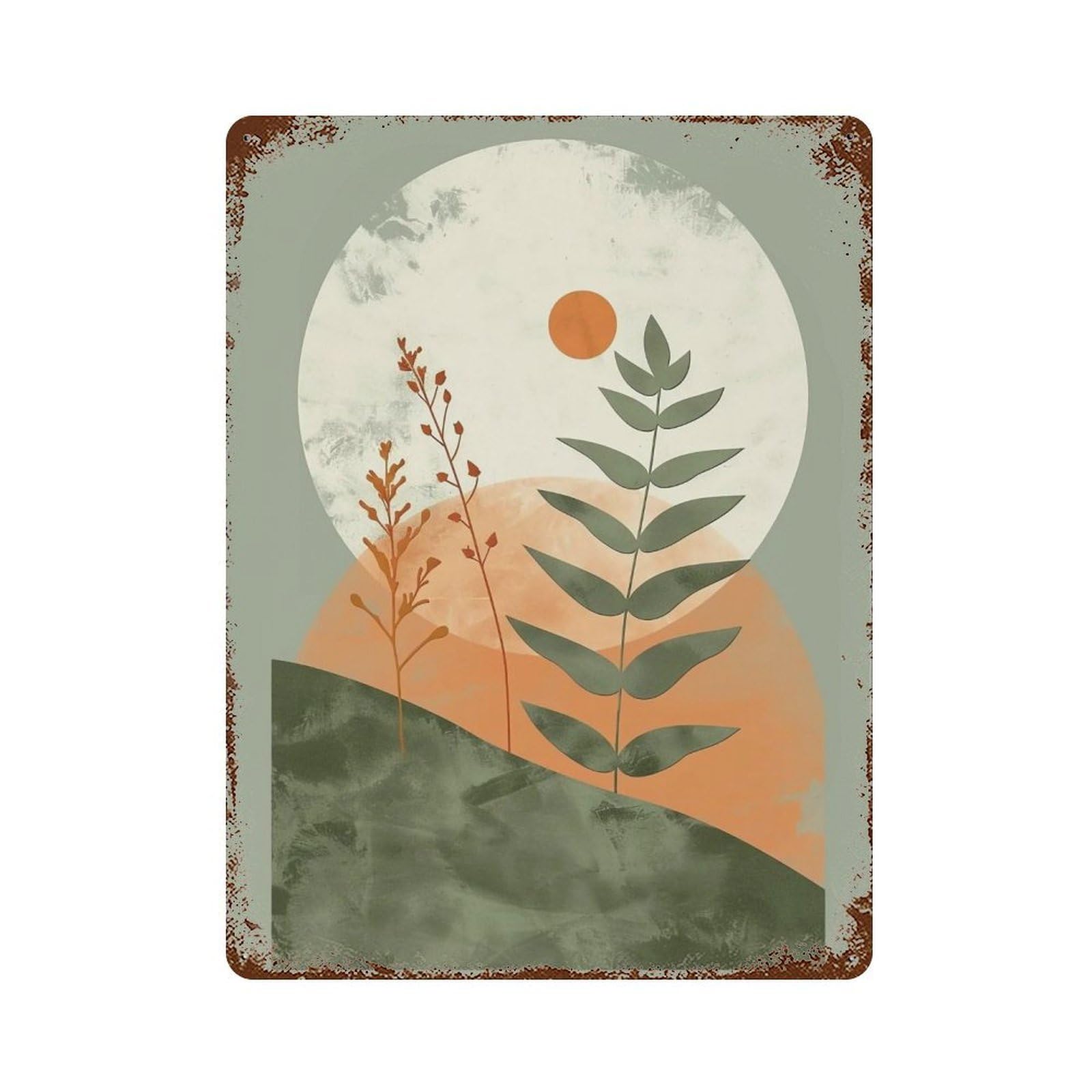 WUJHGRSG Minimal Flat Earth Tone Leafy Branch Sun Moon 02 Wall Art Retro Iron Vintage Metal Tin Sign Poster Modern Decor for Home Cofffee Club Bar Shop Style 40x30cm