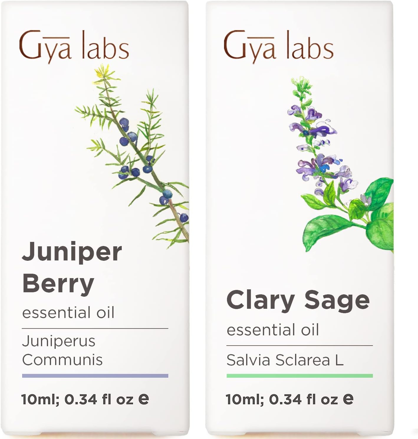 Juniper Essential Oil for Diffuser & Clary Sage Essential Oil for Diffuser Set - Aromatherapy Grade Essential Oils Set - 2x0.34 fl oz - Gya Labs