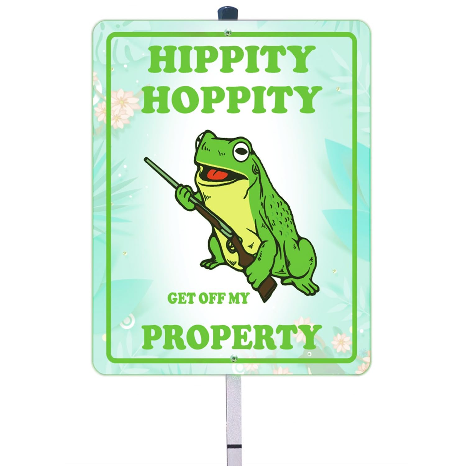 HEIOKEY Hippity Hoppity Get Off My Property Frog Sign with Stake 12" x 10", Funny No Trespassing Aluminum Sign Private Property Yard Sign with 17" Pole, Frog Decor Sign for Yard Garden - Green