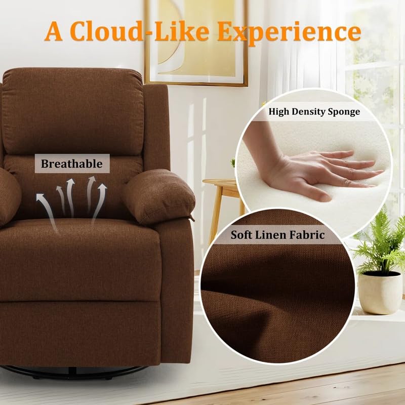 Image of Recliner Sofa 1 Seater | Manual Recliner, 360 Swivel Recliners for Small Spaces,Rocker Recliner with Side Pockets Chairs for Living Room, Bedroom, Nursery, Brown